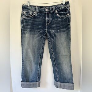 Miss Me Dark Wash Crop Jeans Contrast Stitching Rhinestone Detail Size 10
